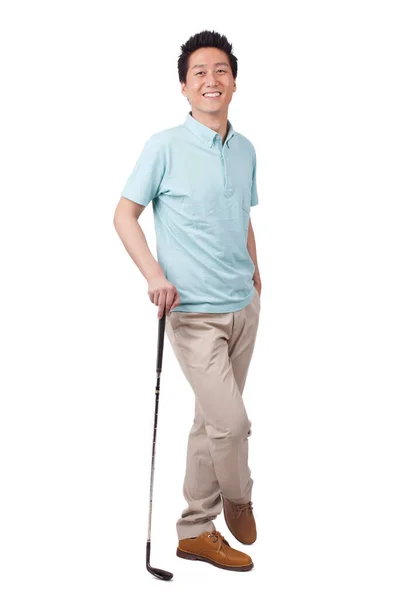 Joven Sosteniendo Swing Golf Sonriendo — Foto de Stock