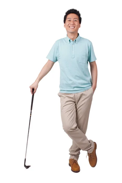 Young Man Holding Golf Swing Smiling — Stock Photo, Image