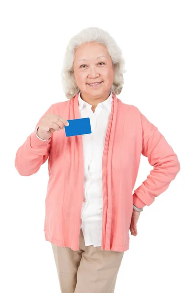 Senior Woman Holding Name Card — Stock fotografie