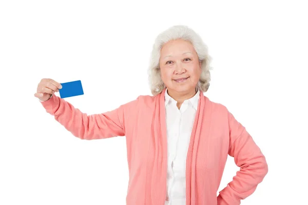 Senior Woman Holding Name Card — Stock fotografie