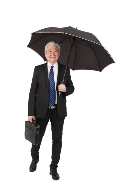 Homme Affaires Senior Avec Mallette Parapluie — Photo