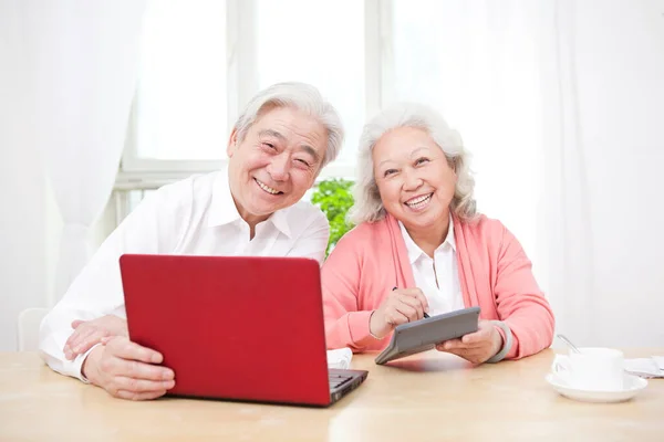 Seniorenpaar Mit Laptop Und Taschenrechner — Stockfoto