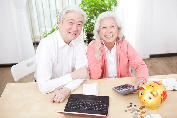 Senior Par Med Bärbar Dator Och Miniräknare — Stockfoto