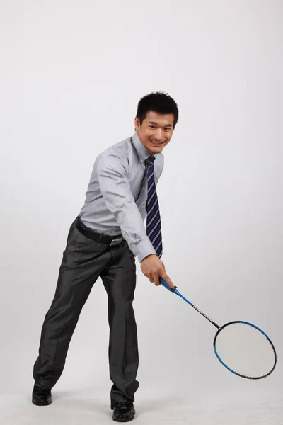 Homem Negócios Jogar Badminton — Fotografia de Stock