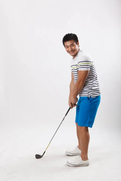 Jeune Homme Jouant Golf Vêtements Décontractés — Photo