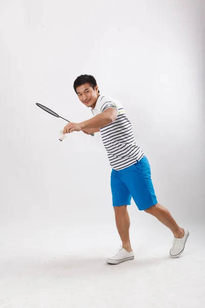 Young Man Playing Badminton Casual Clothes — Stock Photo, Image