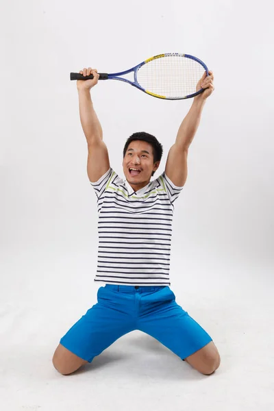 Young Man Playing Badminton Casual Clothes — Stock Photo, Image