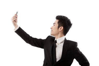 İş adamı cep telefonu zamanlayıcısı kullanıyor