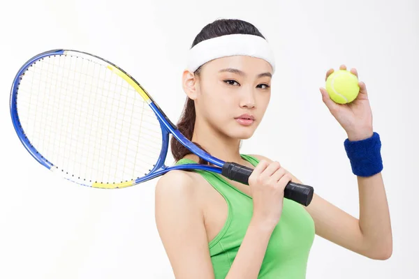 Mujer Joven Sosteniendo Una Raqueta Tenis — Foto de Stock