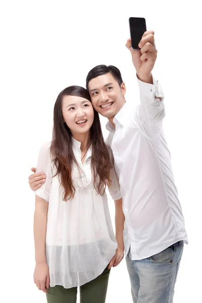 Oriental Mode Jeune Couple Utilisant Téléphone Mobile Auto Minuteur — Photo