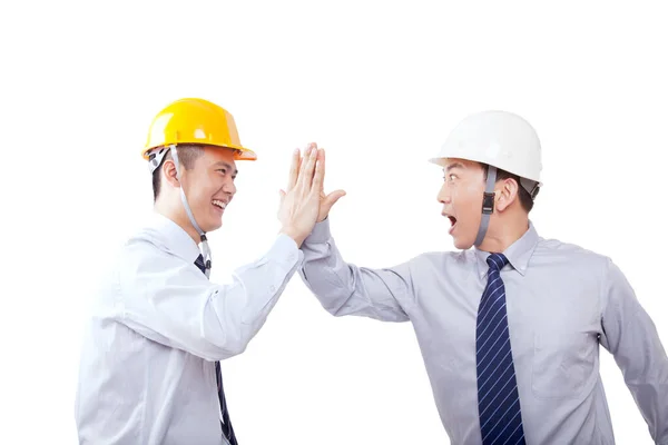 Oriental Engenheiro Clapping Fundo Branco — Fotografia de Stock