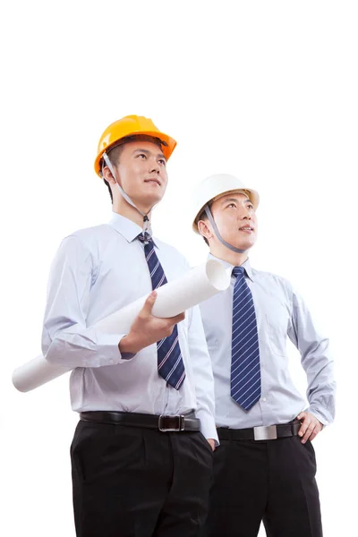 Usando Capacete Segurança Dois Retrato Engenheiro — Fotografia de Stock