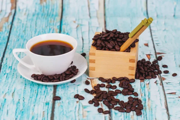 Coffee Bean Wood Box Concept Test Coffee — Stock Photo, Image