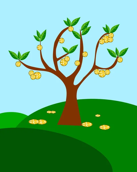 青い空と木に黄金 Bitcoins — ストックベクタ