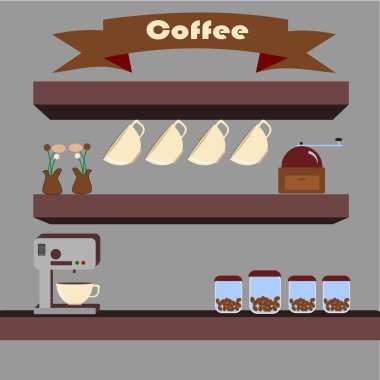 kahve çekirdeği ve kahve makinesi Aracı, illüstrasyon vektör raflar.
