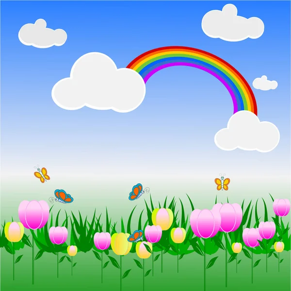 colorful flower garden with a rainbow in the sky ,illustration vector.