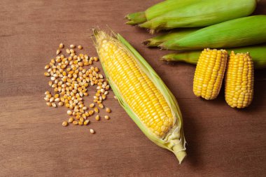 Organik taze corncobs ya da ahşap üzerine Mısır kulakları. Gıda Sağlık için.