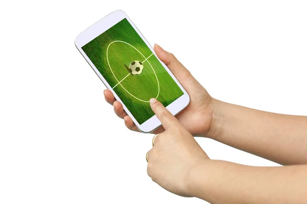 Man Hand Hold Smart Phone See World Soccer Game — Stock Photo, Image