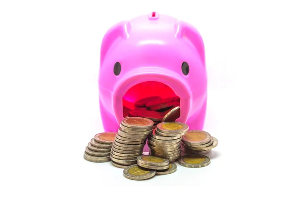 Piggy Bank Met Goederen Diensten Belasting Word Stapel Munten Isoleren — Stockfoto