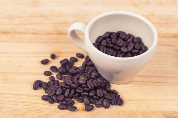 Coffee Beans White Cup Wood Table — Stock Photo, Image