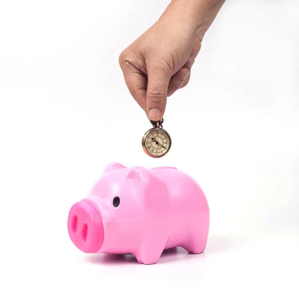 Piggy Bank Klok Bespaar Tijd Concept — Stockfoto