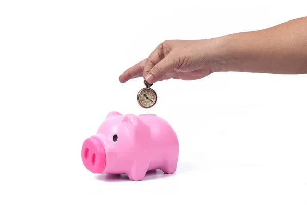 Piggy Bank Klok Bespaar Tijd Concept — Stockfoto