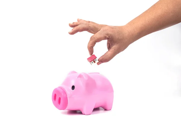 Piggy Bank Met Kleine Huis Opslaan Voor Home Concept — Stockfoto