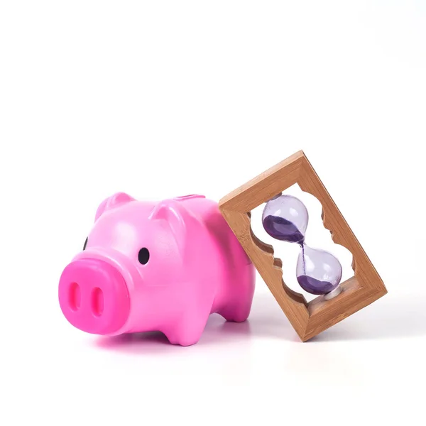 Piggy Bank Zand Klok Bespaar Tijd Concept — Stockfoto
