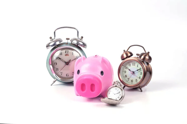 貯金箱と保存時間の概念の時計 — ストック写真