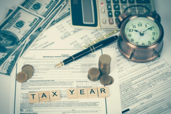 Wording Tax Calculator Tax Documents Money Alarm Clock Table Tax — Stock Photo, Image
