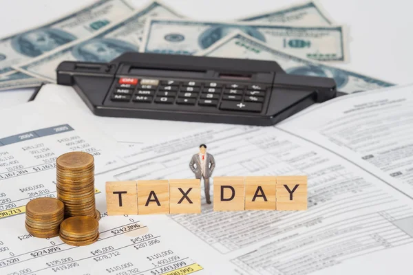 Wording Tax Miniature Business Toy Tax Documents Money Table Tax — Stock Photo, Image