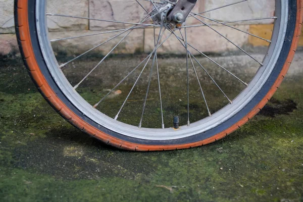 Velha Roda Bicicleta Com Pneu Plano Estrada Suja — Fotografia de Stock