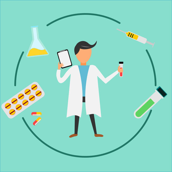 ученый в лаборатории с пробиркой, векторная иллюстрация
