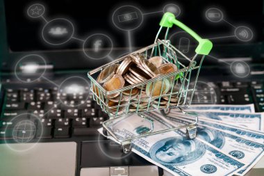 Sepet arabası dizüstü iş online kavramı üzerinde para sikke.