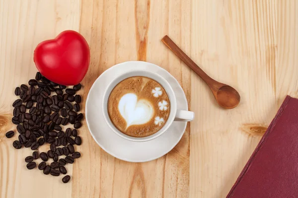 White Cup Coffee Pine Wood Desktop Table Top — Stock Photo, Image