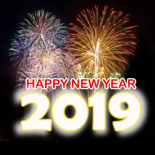 Feliz Año Nuevo 2019 Con Fondo Fuegos Artificiales Colores — Foto de Stock