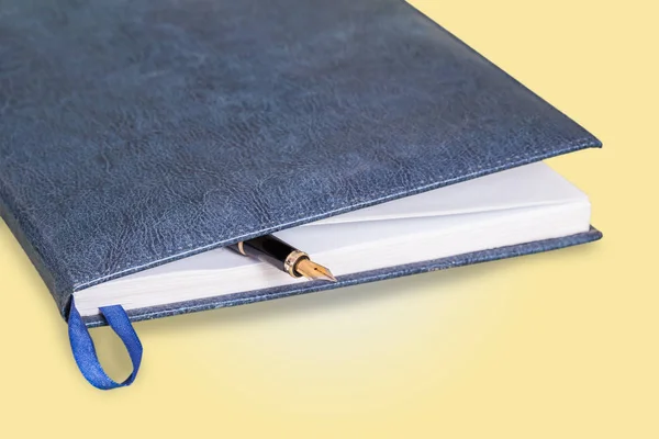 Selectieve Aandacht Van Pen Geopende Bekleed Dagboek Boek — Stockfoto
