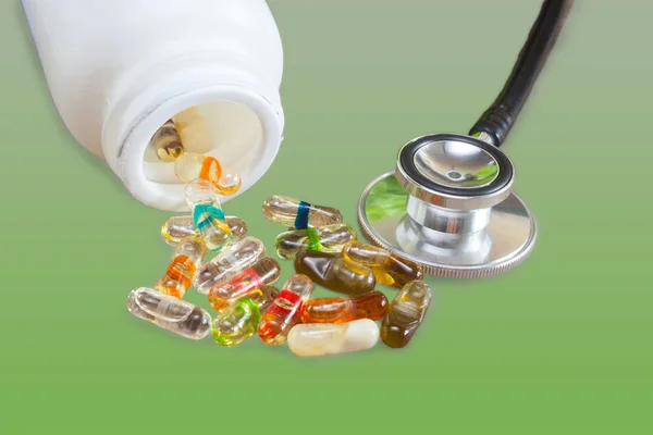 Drug Capsule Spilled Out Bottle Laboratory Table — Stock Photo, Image