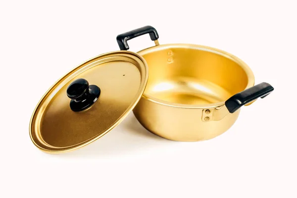 Золотий Металевий Посуд Горщиків Білому Тлі — стокове фото