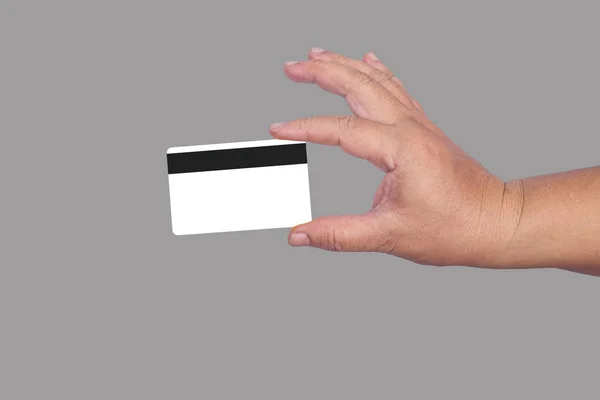 信用卡或借记卡在手, E 钱的概念. — 图库照片
