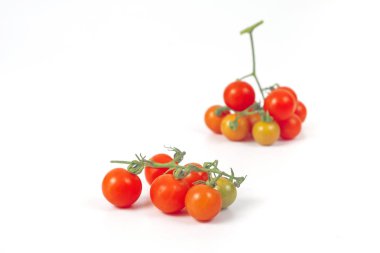 Beyaz arka planda küçük domates. Gıda konsepti.