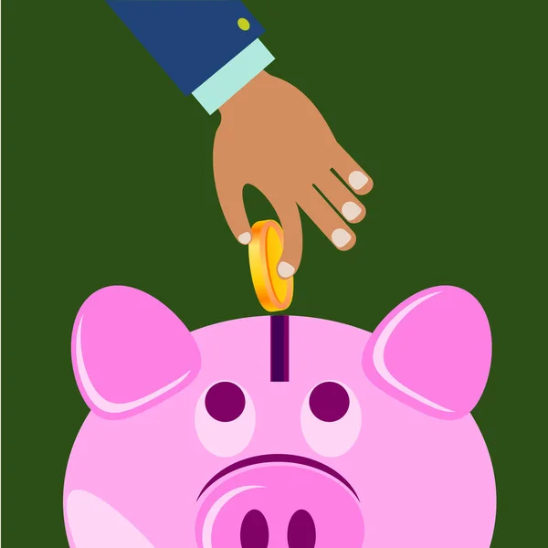 Hand geld munt gestoken piggy bank. — Stockvector