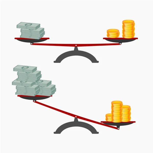 Notas bancárias e moedas de ouro em balanças, conceito de câmbio bancário . — Vetor de Stock