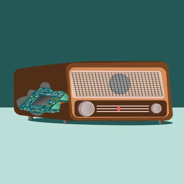 Vieille radio vintage et carte électronique dans le côté  . — Image vectorielle