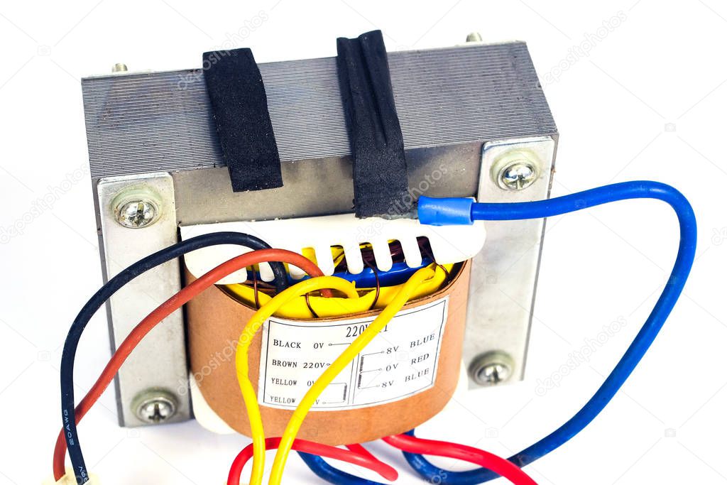 Power transformers for supplying electronic on white background.