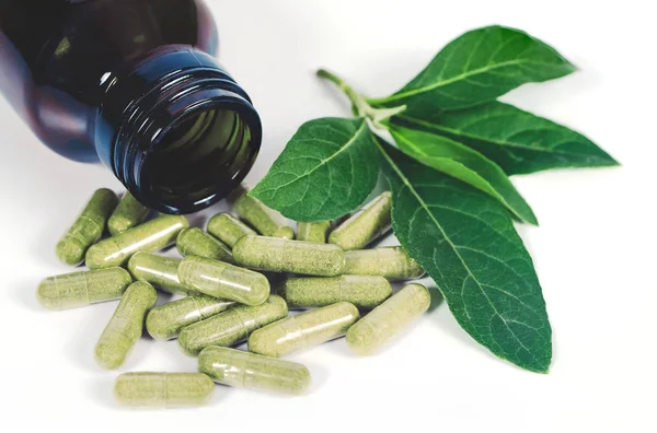 Herb cápsula alternativa derramamento de garrafa, conceito de saúde . — Fotografia de Stock
