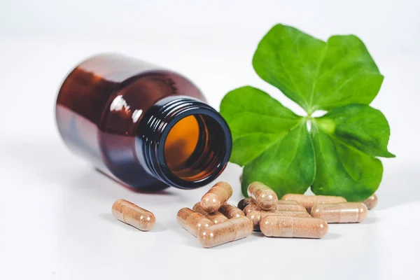 Herb cápsula alternativa derramamento de garrafa, conceito de saúde . — Fotografia de Stock