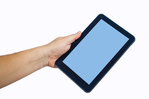 Hand hold a tablet and touch screen isolated on white background — Stock Photo, Image