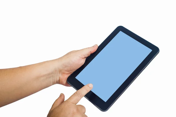 手握平板电脑和触摸屏隔离在白色背景上 — 图库照片
