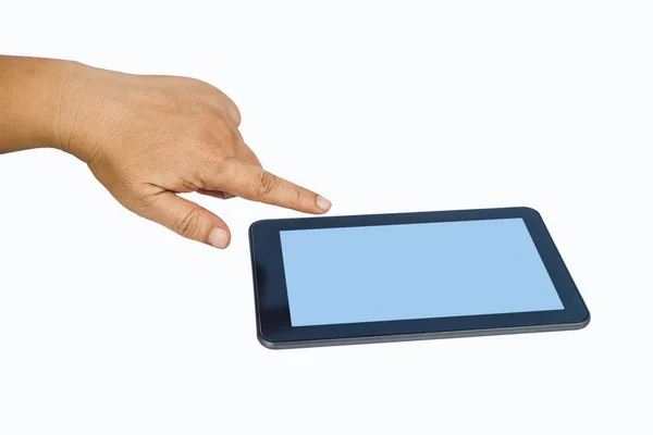 Håndholde en tablett og berøringsskjerm isolert på hvit bakgrunn – stockfoto